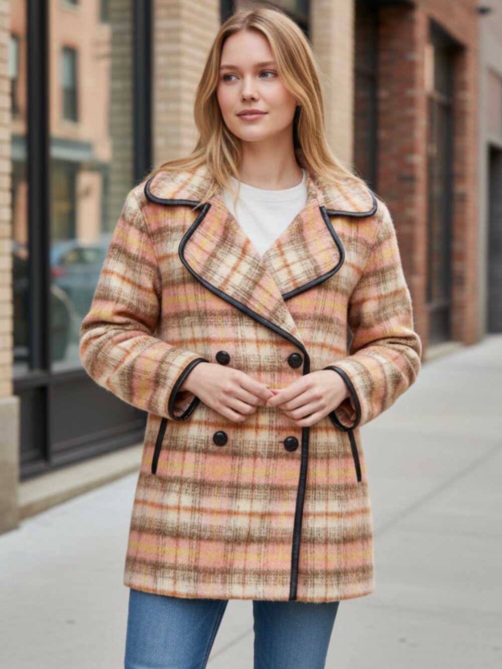 NWT $255 cabi  ethos coat Plaid Cheer Double Breasted Faux Leather Trim XL